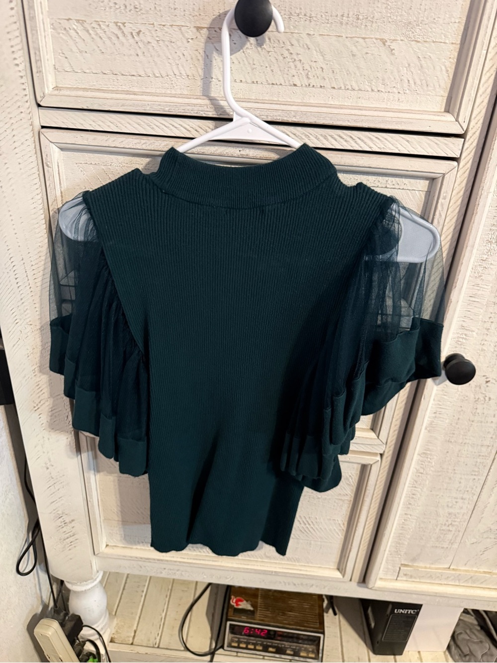 New York & Company Dark Teal Ruffle Sleeve Mock Neck Top